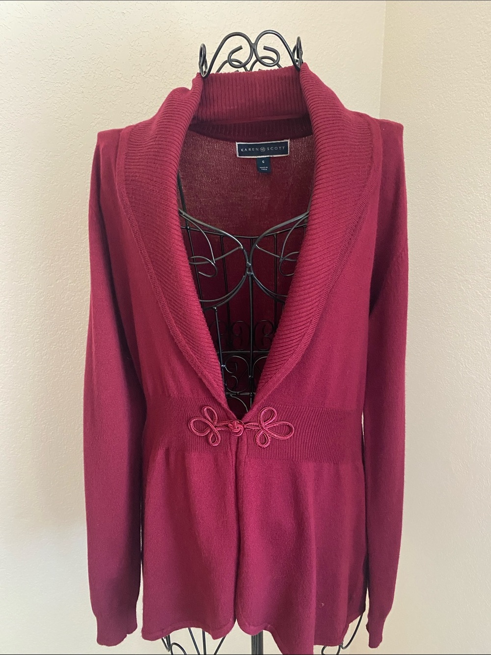 Karen Scott Wine Shawl-Collar Frog Front Closure Cardigan